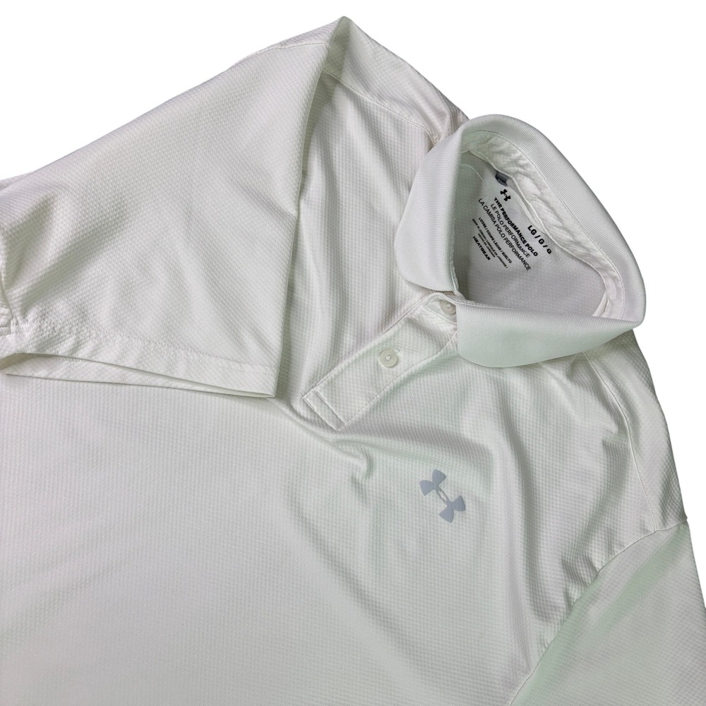 Under Armour Mens Performance Polo Shirt White HeatGear Loose Fit Large LG Golf